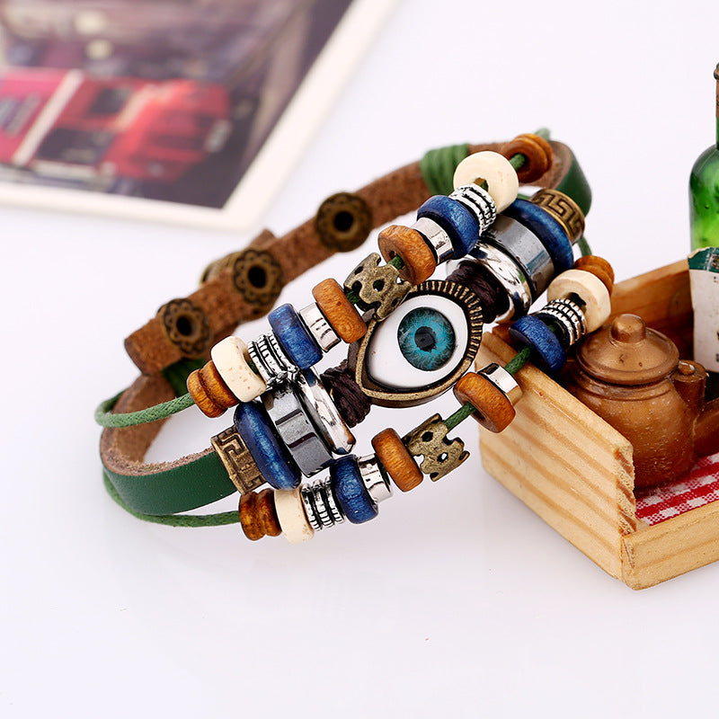 Wholesale Beaded Devil's Eye Cowhide Bracelet